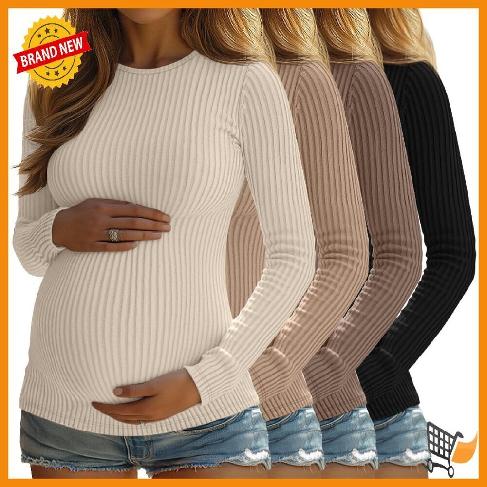 Maternity Ribbed Knit Long Sleeve Tunic Tops 4 Pack Soft Cotton Blend
